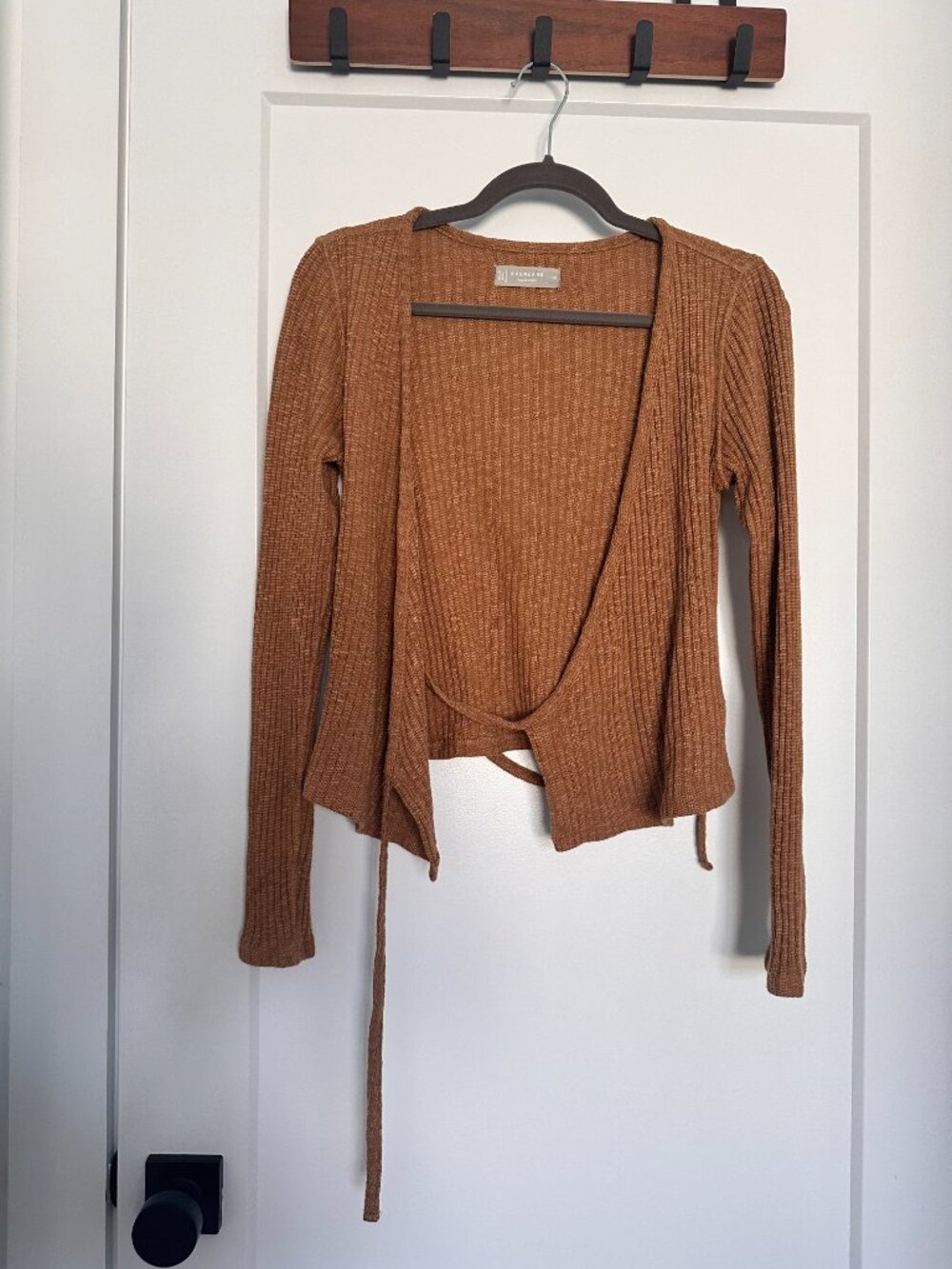 Everlane Cozy Rib Wrap Top | Cappuccino Brown | Balletcore Tie Front Sweater - Picture 7 of 9